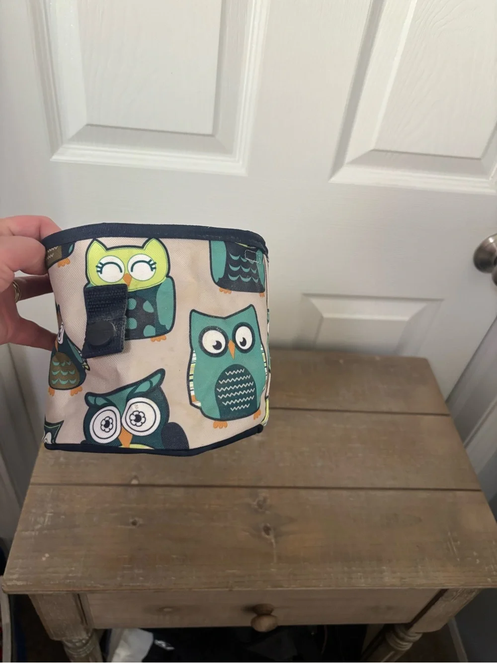 Owl Print Fabric Storage Bin - Teal & Cream